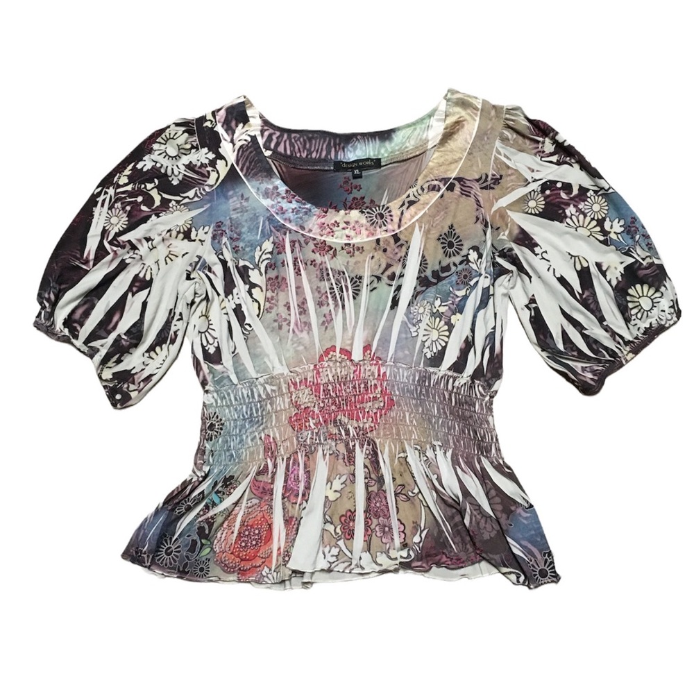 Design Works Printed Multicolored Balloon Sleeve Blouse Size XL